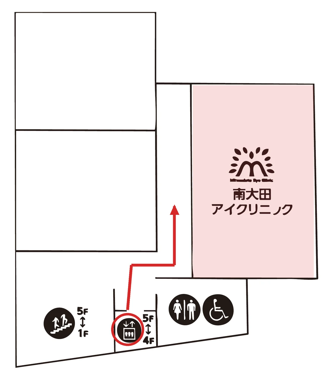 5階フロア図。エレベーターを降りて通路を進むと南大田アイクリニック